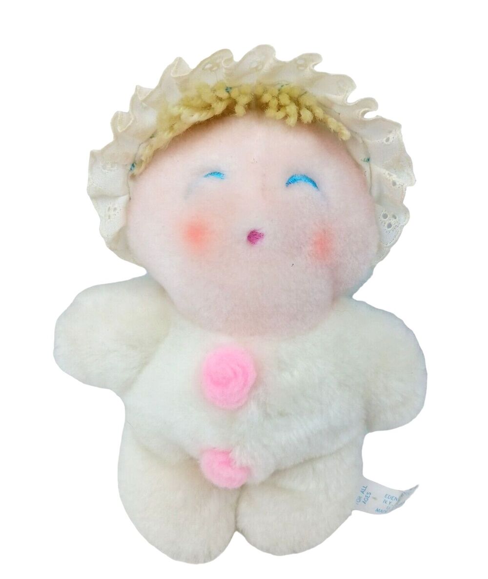 Eden Rare Girl Baby Doll Plush Pink White Blonde Blue Eyes Bonnet Vtg Rattle